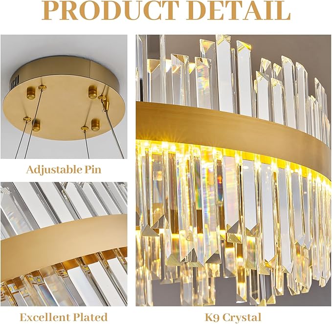 19.7'' Dimmable Modern LED Crystal Chandeliers,Gold Chandelier Light Fixture, 3 Colors Contemporary Pendant Ceiling Light for Dining Room Living Room Kitchen Island Entryway Foyer ,With Remote Control