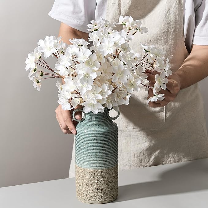 Blue and Brown Ceramic Rustic Vase with 2 Round Handles, Modern Farmhouse Flower Vase, Vintage Terracotta Vases for Home Decor, Wedding, Living Room, Table, Shelf Decor - 9.5 Inch Tall