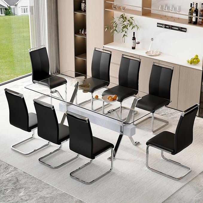 9 Piece Glass Dining Table Set, 79" Modern Dining Table Set for 8, 0.5" Thick Tempered Glass Tabletop with Silver Chrome Metal Legs and Grey Crossbar, 8 PU Chairs for Dining Room, Kitchen