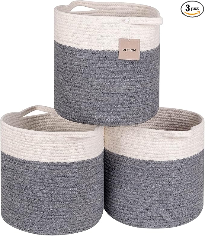 voten Storage Cubes 13x13’’ for Cube Shelves Organzier,Cotton Rope Storage Bin,Cube Storage Bin 13x13’’ for Closet,Toys,Multipurpose Woven Storage Basket for Organizing 3Pack Round Off White/Dark Gray