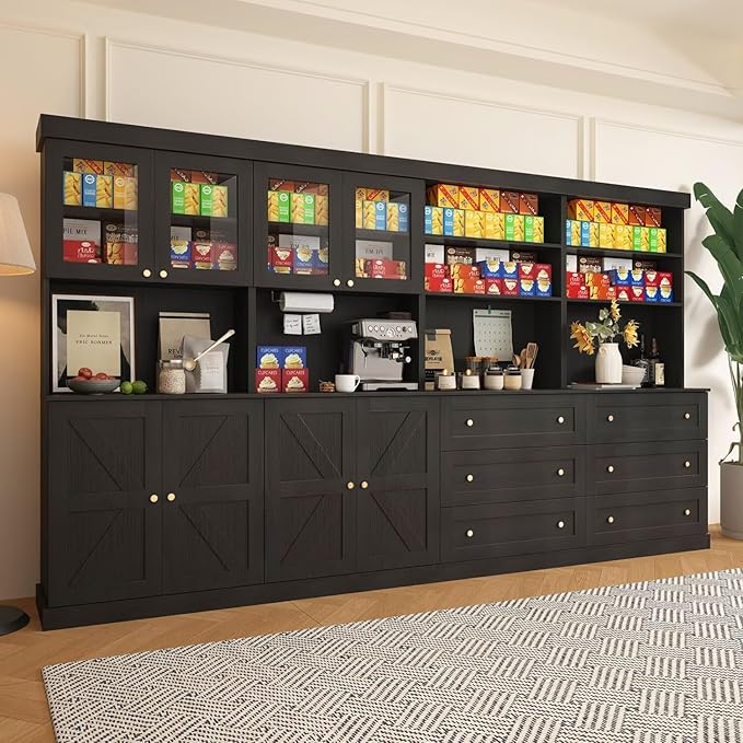 71" Black Farmhouse Kitchen Pantry Cabinet Set of 4— Freestanding Coffee Bar with Glass Doors or Drawers, Microwave Stand, Large Storage Hutch with Adjustable Shelves for Kitchen, Living Room