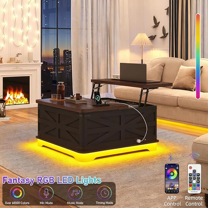 36" Farmhouse LED Lift Top Coffee Table with Storage and Power Outlets, Square Wood Living Room Tables with LED Lights & Large Hidden Space, Lift Wooden Barn Door Center Table, Black