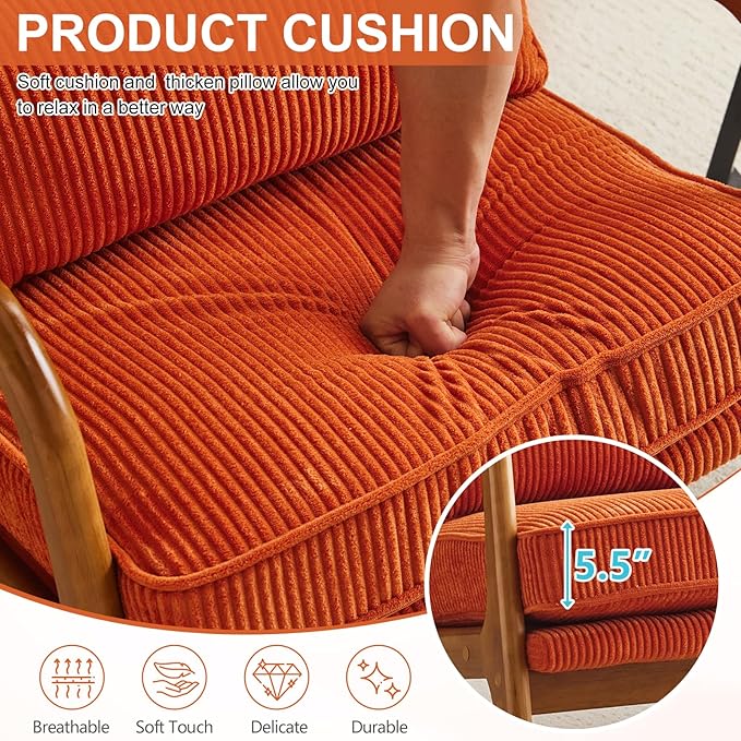 Karl home Mid-Century Modern Accent Chair, Living Room Chairs with Pillow Corduroy Upholstered Lounge Armchair with Solid Wood Frame & Soft Cushion for Bedroom, Reading Room, Orange