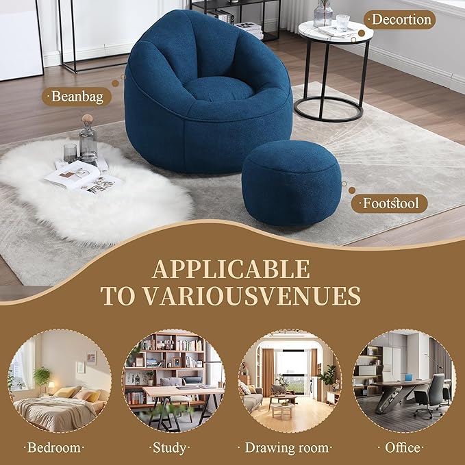 Bean Bag Sofa Chair with Foam Padded Velvet Bean Bag Chair with Soft Foam Padded Ottoman