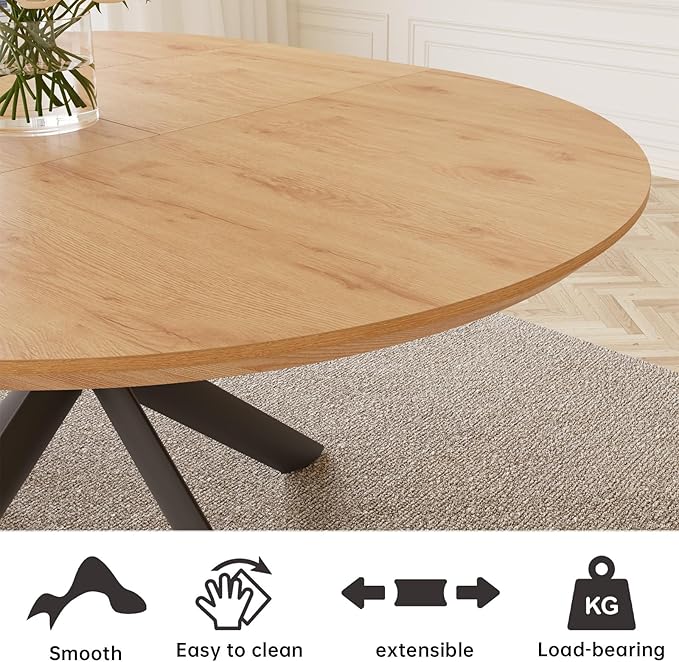 43.2"-59.1" Extendable Round Dining Table, Mid Century Modern Wooden Round Table, Leisure Oak Coffee Table,Saving Space