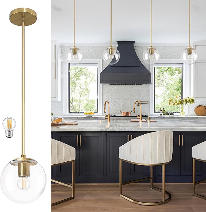 6 Inch Globe Pendant Light Gold Mid Century Pendant Light Contemporary Globe Pendant Lights Kitchen Island Clear Glass with Brass Finish Adjustable Hanging Light Fixture for Kitchen Island