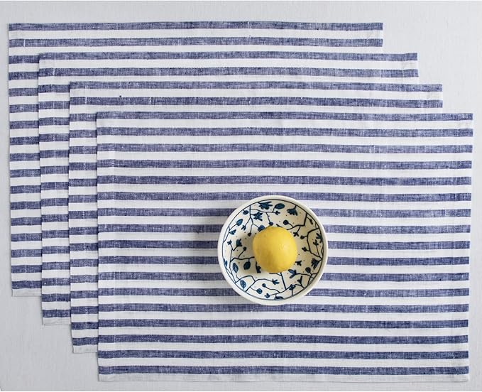 Solino Home Linen Placemats Set of 4 - Amalfi Stripe Navy and White Placemats 14 x 19 Inch - 100% Pure Linen Place Mats for Fall, Autumn, Thanksgiving, Christmas, Holiday