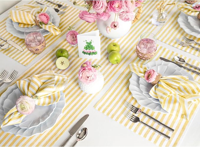 Solino Home Linen Placemats Set of 4 - Amalfi Stripe Primrose Yellow and White Placemats 14 x 19 Inch - 100% Pure Linen Place Mats