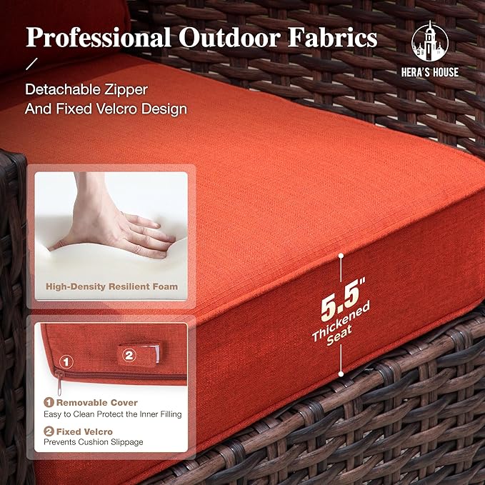 HERA'S HOUSE High Back Swivel Patio Furniture Set with 5.5" Thick Cushions, 5-Piece Oversized Outdoor Wicker Sectional Conversation Set with Ottomans for Garden Yard Porch, Red