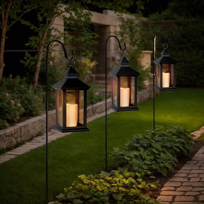 Lanterns Decorative Indoor, 2 Packs 14" Battery-Powered Waterproof Black LED Candle Lanterns with Timer for Patio & Outdoor, Vintage Hanging Lantern for Home & Wedding, Transparent
