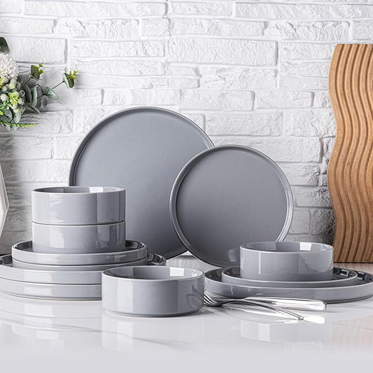 GBHOME Dinnerware Set for 4, 12 Piece Speckled Plates and Bowls Set with Glazed Bottom, Chip & Scratch Resistant Stoneware Plates Sets, Dishwasher & Microwave Safe Dishes (Limestone, Service for 4)