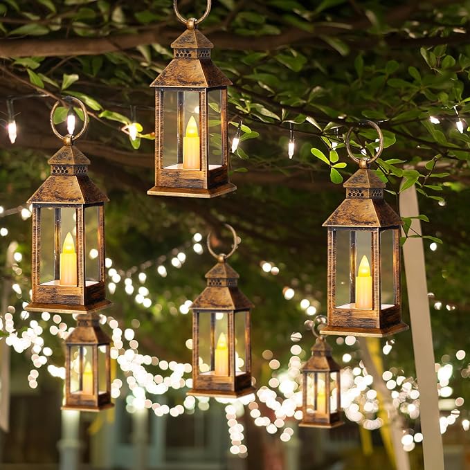 Hoolerry 24 Set Halloween Mini Lanterns with LED Candles 5.5'' Decorative Hanging Small Vintage Lantern Centerpiece Battery Powered for Wedding Table(Retro)