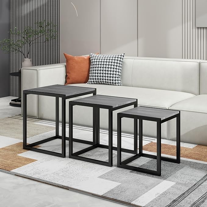 Nesting Table Set of 3 Side Tables, Modern Coffee Table Stacking End Table with Metal Frame (A-Square, Grey)