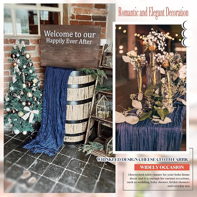 8 Pack 10 ft Navy Blue Cheesecloth Table Runner 35x120 Inches Boho Gauze Rustic Cheese Cloth Runners Long Romantic Sheer Table Runner for Wedding Bridal Shower Party Christmas Birthday Decor