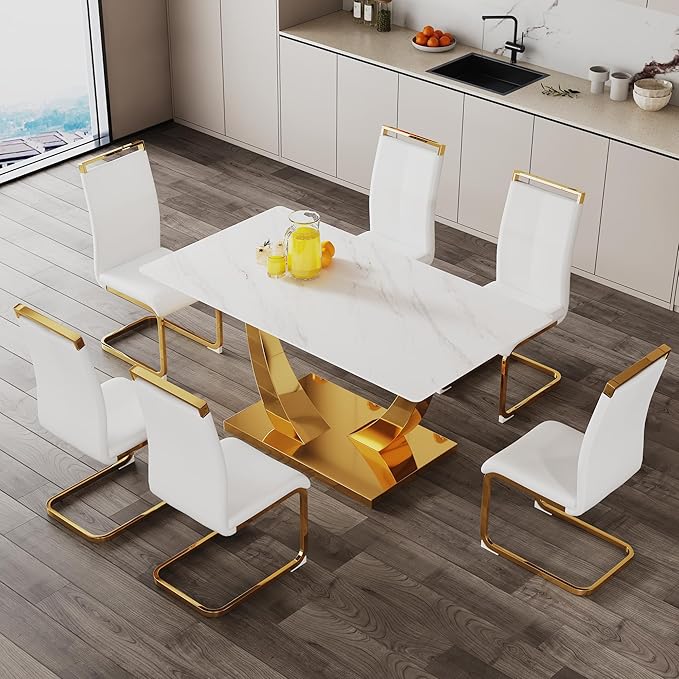 63” Dining Room Table Set for 6,Modern Gold Dining Table Set for 6, Rectangle Kitchen Table Set with Leather Chairs,White Faux Marble Dinner Table Set with Tempered Glass Top and Golden Base