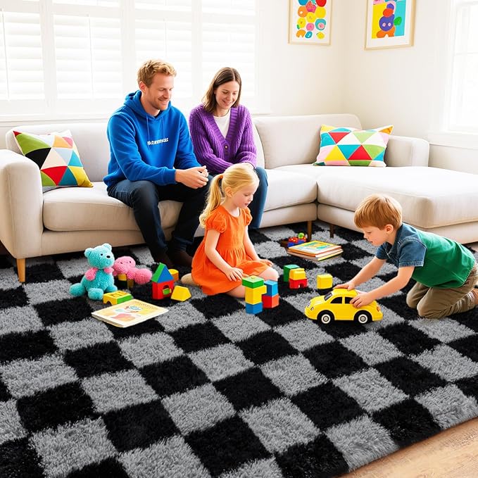 Checkered Rugs for Bedroom, Black and Grey Ultra Fluffy Fuzzy Shag Area Rug for Living Room 5x7, Modern Plush Soft Upgrade Non-Slip Carpet for Kids Girls and Boys Room Dorm Nursery Home Decor