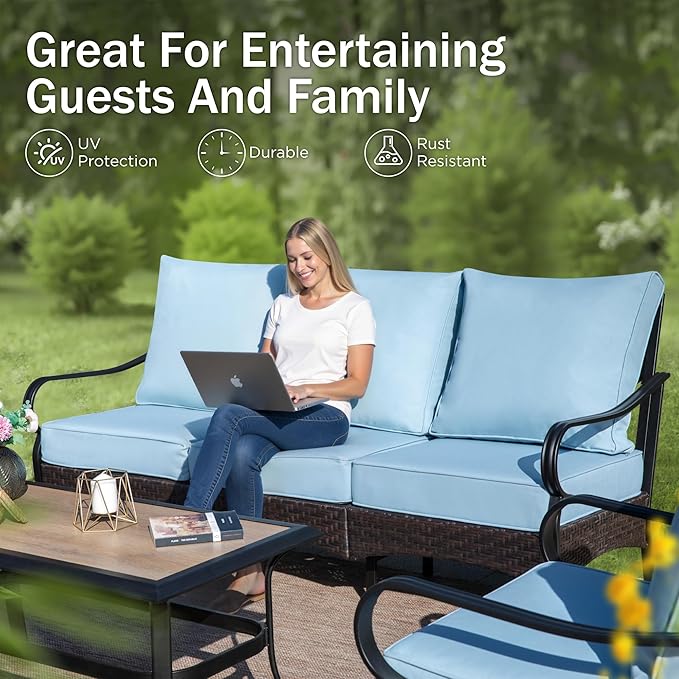 PHI VILLA Outdoor Modern Patio Furniture Set, Upgraded Wicker&Metal Patio Furniture Conversation Set with Waterproof Thick Cushions for Porch, Poolside, Deck, and Yard (5 Pieces,Blue)