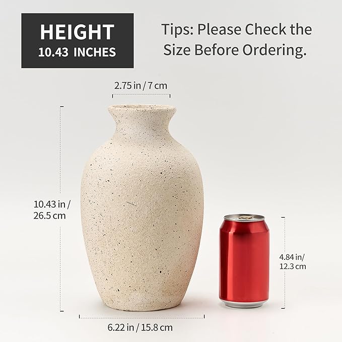 Large Ceramic Rustic Flower Vase, 10.43 Inch Tall Vintage Pottery Home Decor, Antique Farmhouse Terracotta Vase for Living Room, Table, Shelf, Mantel Decoration, Farmhouse - Off-White