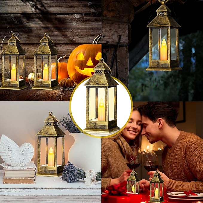 Hoolerry 24 Set Halloween Mini Lanterns with LED Candles 5.5'' Decorative Hanging Small Vintage Lantern Centerpiece Battery Powered for Wedding Table(Bronze)