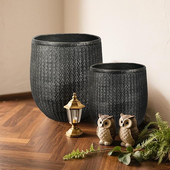 Worth Garden Large Round Planters Set of 2 (14.5"x17.5" & 12" x15“) - Lightweight Magnesium Oxide Cement Plant Pot with Texture - Concrete Look with Drainage Hole – Indoor & Outdoor Use - Black Gold