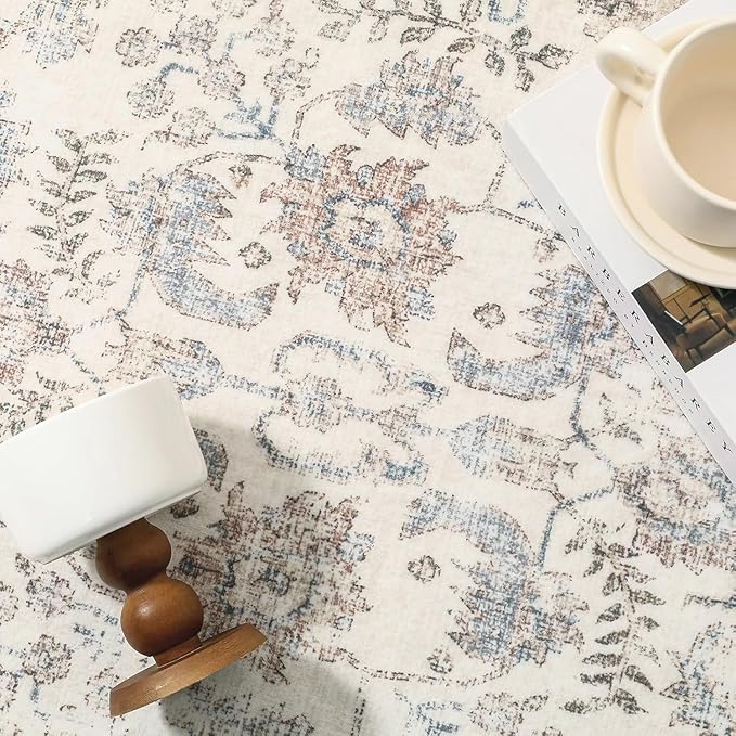 Taupe Area Rug 4x6 Office Entryway Rug Machine Washable Kitchen Vintage Distressed Non Slip Carpet Indoor Retro Floral Accent Throw Door Mat for Bathroom Bedroom Dining Living Room