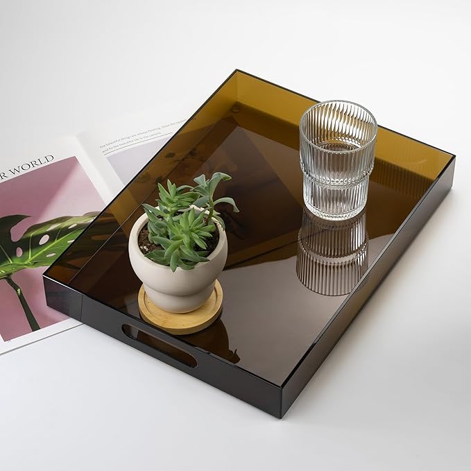 16"x12" Large Acrylic Serving Tray Decorative Ottoman Coffee Table Vanity Tray Tea Fruit Platter Snack Appetizer Dessert Drink with Handles for Bar Kitchen Party, Amber