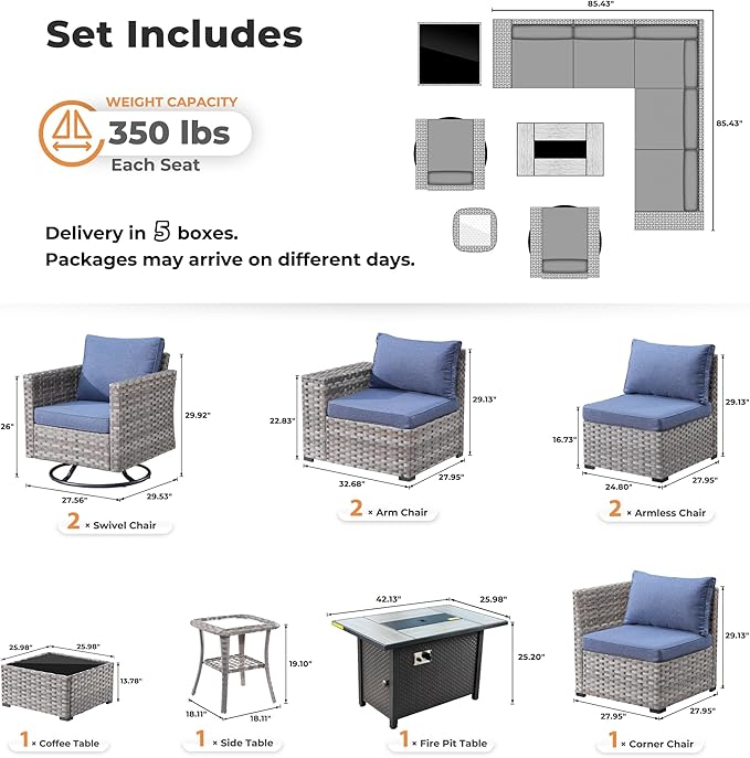 ovios 10 Pieces Patio Furniture Set, Outdoor Wicker Sectional Sofa with 42" Fire Pit Table Swivel Chairs, Modern Modular Deep Seat Rattan Couch Conversation Sets, Denim Blue