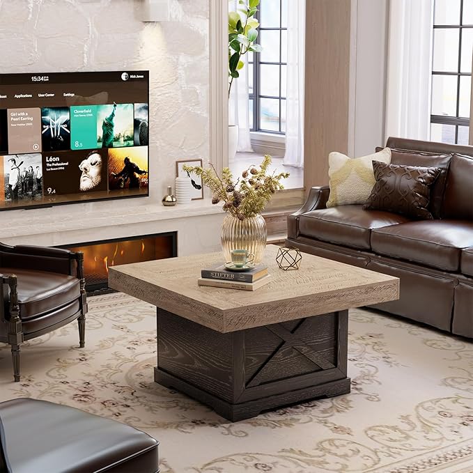 Coffee Table 31.5 in Rustic Center Table with X Design Wooden Pedestal for Living Room, Dark Oak Square Home Office Sofa Side Table for Small Space, Easy Assembly, Space-Saving