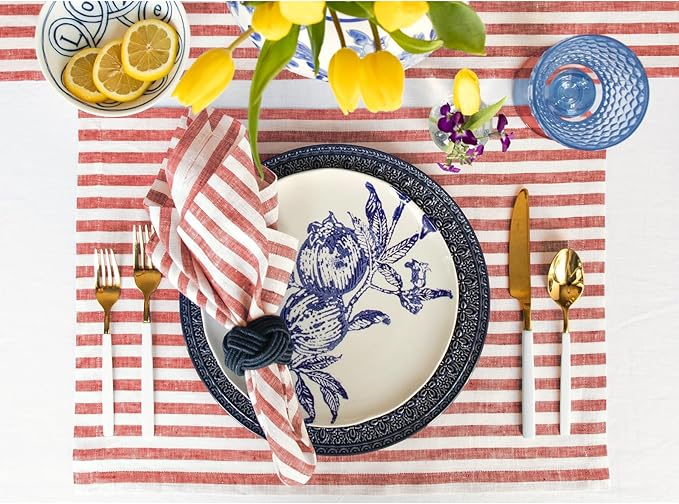Solino Home Linen Placemats Set of 4 - Amalfi Stripe Red and White Placemats 14 x 19 Inch - 100% Pure Linen Place Mats