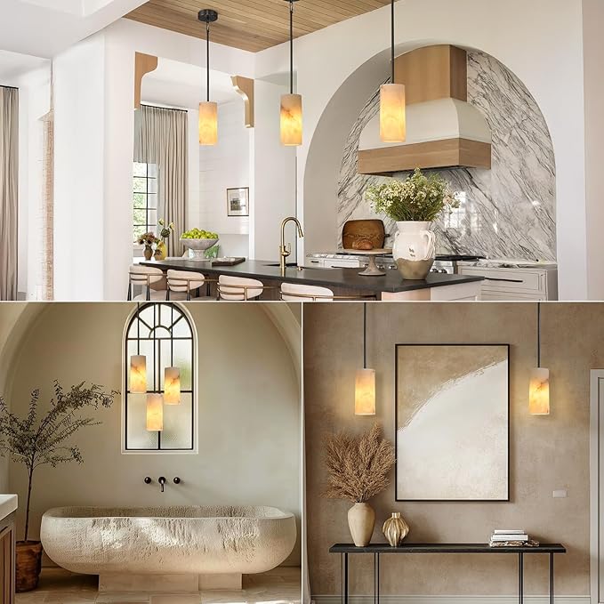 Alabaster Pendant Lights Kitchen Island, Modern Marble Pendant Lighting, Adjustable Black Pendant Lights Fixtures for Bedroom Bathroom Dinning Room(Include E12 Bulb)