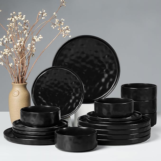 HaWare Dinnerware Sets, 18-Piece Plates and Bowls Set, Stoneware Dish Set for 6, Ceramic Dinnerware for Home Restaurant, Chip and Scratch Resistant, Microwave and Dishwasher Safe, Matte Black