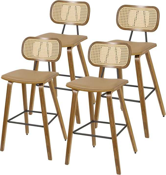 Counter Height Bar Stools Set of 4, 26" Mid Century Modern Rattan Bar Stools for Kitchen Counter PU Leather Upholstered Barstool with Wood Legs, Counter Height Island Stool Chair, Brown & Walnut