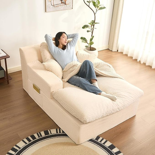 63" Oversized Chaise Lounge Chair Indoor, Extra Cloud Layer, Convertible Sleeper Sofa Couch with Removable Pillows & Side Pockets, Corduroy Upholstered Sofa Bed with Armrests for Living Room, Beige