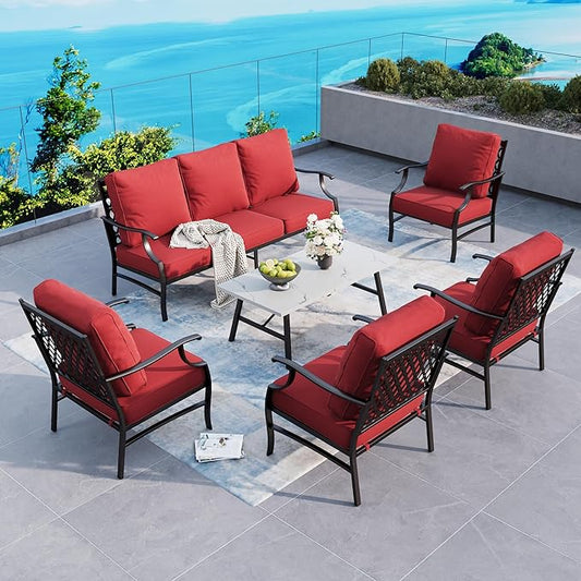 6 Piece Metal Outdoor Patio Furniture Set, Patio Conversation Sets 1 3-Seater Sofa, 4 Fixed Chairs with 5.75" Thick Cushion and Coffee Table, Backyard Furniture Set for Deck, Red