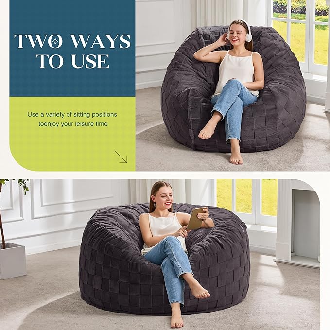 Hobestluk Bean Bag Chairs Beanbag Chair with Filler Adult Bean Bags with Fluffy Cover, Giant Bean Bag Chairs for Adults for Living Room, Bedroom (Dark Grey, 4FT - 44” x 44” x 24”)