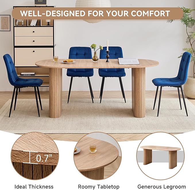 5-Piece Dining Table Set for 4 6 People with Heavy Duty Legs Dining Room Tables Set for 4 Table and Chairs for Living Room Kitchen Apartment(Natural Table with 4 Blue Chairs)