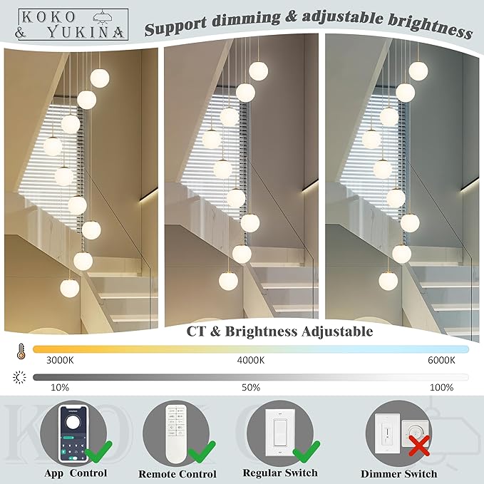KoKo&Yukina 9-Light Globe Milky White Glass Pendant Light Adjustable Length Pendant Lights Modern Glass Globe Pendant Lights Gold Chandeliers Large Chandeliers for High Ceilings (Bulb & Remote Incl)