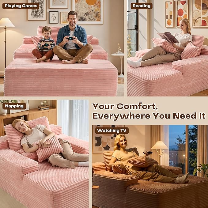 Chaise Lounge Sleeping Couch, 67" L * 48.5" W Oversized Assembly Free Modern Minimalist Sofa, Extra Deep Large Single Seat Sofa, Free Standing Floor Couch for Living Room (Pink Plush Fabric)