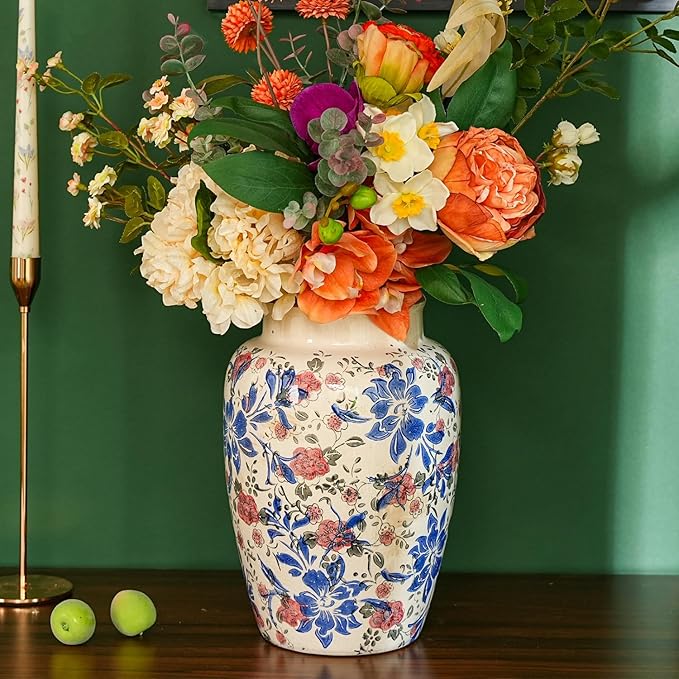 Sungmor Ceramic Flower Vase, Vintage Ice Cracked Glaze Porcelain Vase, Pretty Home Decor Vase for Flower Arrangement, Fresh Flowers, 10.2 Inch Tall Chinoiserie Pottery Vase, Blue Floral Pattern