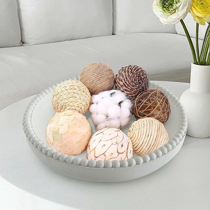 Beaded Wood Decorative Bowl, 10.63" Farmhouse Wooden Bowl White Wash Decorative Tray for Home Decor