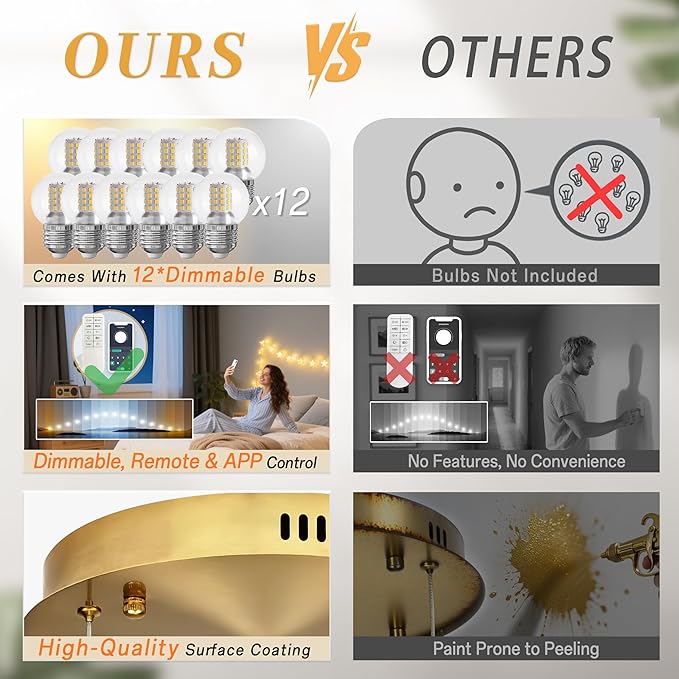 KoKo&Yukina 12-Light Gold Mid Century Modern Chandelier for Living Room Staircase Chandelier for Entryway Clear Globe Glass Chandelier High Ceiling Chandeliers Foyer Entryway (Bulb & Remote Incl.)