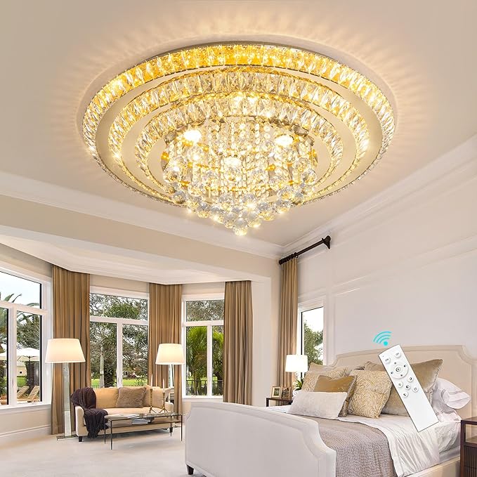 Modern Chandelier Glam Ceiling Light with Bulbs Living Room LED Dimmable Chandelier for Dining Room Bedroom Ceiling Lighting Fixture 32 Inches Gold Light