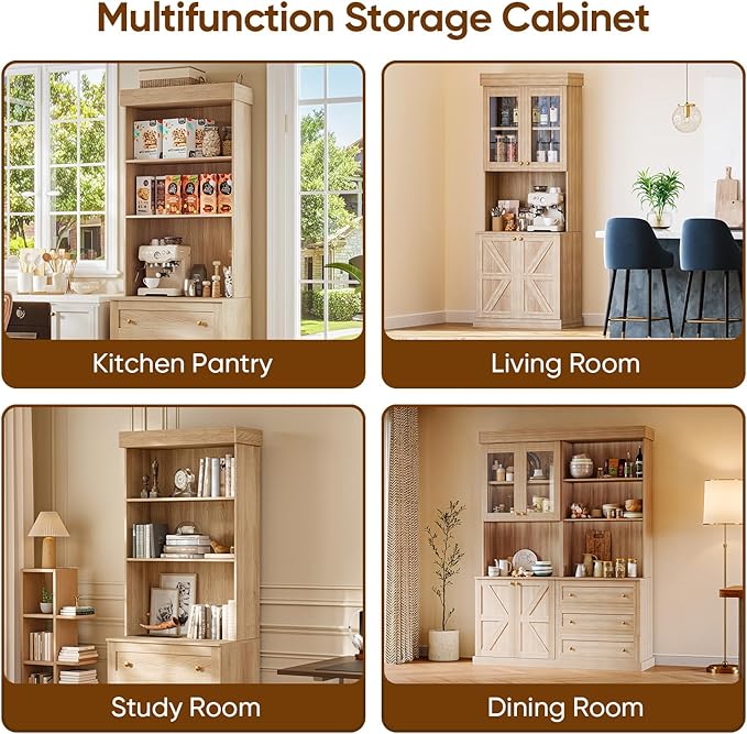 Vyre 71" Farmhouse Kitchen Pantry Cabinet, Brown Freestanding Coffee Bar Hutch with Glass Doors, Drawers & Adjustable Shelves, Microwave Stand Storage Organizer for Living Room & Kitchen, Set of 4