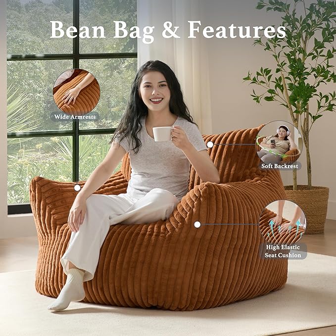 Giant Plush Bean Bag Chair for Adults with Armrests - Oversized Comfy Orange Beanbag Lounge Lazy Floor Sofa Accent Chair for Living Room, Bedroom & Dorm, Cozy Fluffy Single Cloud Mini Couch