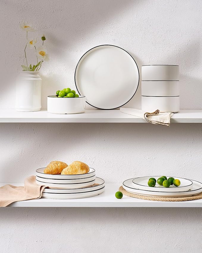 Famiware Porcelain Dinnerware Set, 12-Piece Modern Plate and Bowl Set, Dish Set for 4, Microwave and Dishwasher Safe Tableware, White with Black Trim