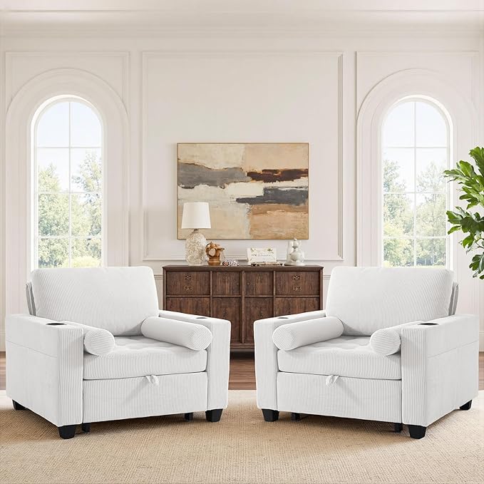 UIXE 3-in-1 Sleeper Sofa Chairs Set of 2, Pull Out Sofa Bed Convertible Reclining Seat Upholstered Armchair, Adjustable Backrest Recliner Chair with Side Pockets, Cup Holder & USB Ports - Beige White