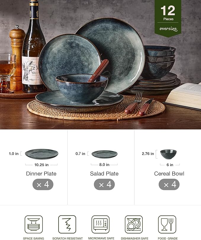 Famiware Dinnerware Sets for 4, Ocean Round 12-Piece Kitchen Plates and Bowls Sets, Reactive Glaze, Microwave and Dishwasher Safe, Scratch Resistant, Deep Forest