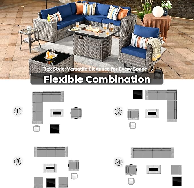 ovios 9 Pieces Patio Furniture Set, Outdoor Wicker Sectional Sofa with 42" Fire Pit Table Swivel Chair, Modern Modular Deep Seat Rattan Couch Conversation Sets, Navy Blue