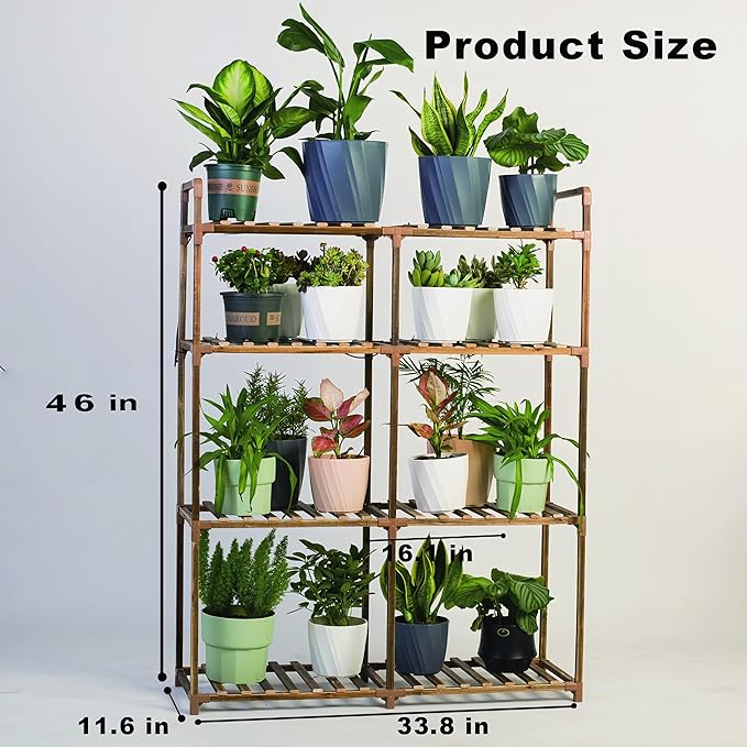 4-Tier Wooden Plant Stand with LED Grow Lights - Adjustable Shelf for Indoor Plants, Living Room, Balcony - Dimmable & Space-Saving (Plants Not Included)