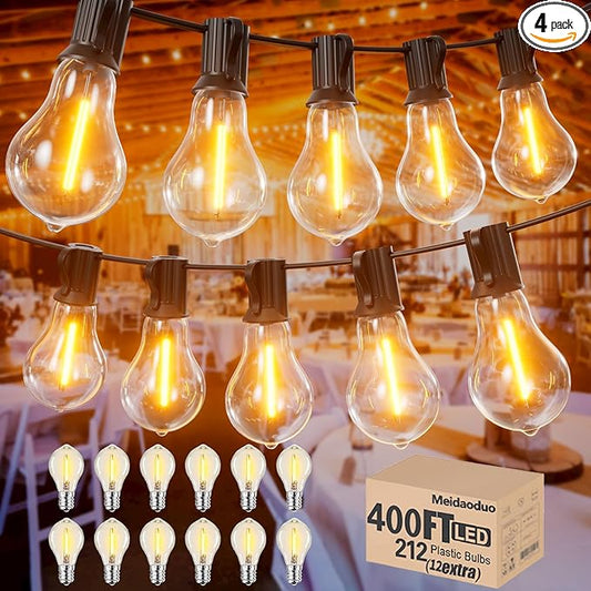 400FT Outdoor String Lights LED Waterproof Patio String Lights for Outside with 200+12ea Extra A39 2200K Warm Yellow Vintage Bulbs for Outdoor Bistro Backyard Lights, 4Pack x 100FT Linkable